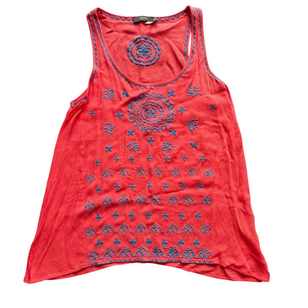 THML Boho Embroidered Medallion Tank Top Coral Pink | Women’s Small